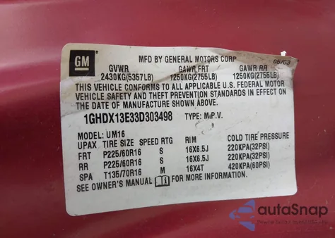 2003 Oldsmobile Silhouette z USA, uszkodzony, nr VIN 1GHDX13E33D303498